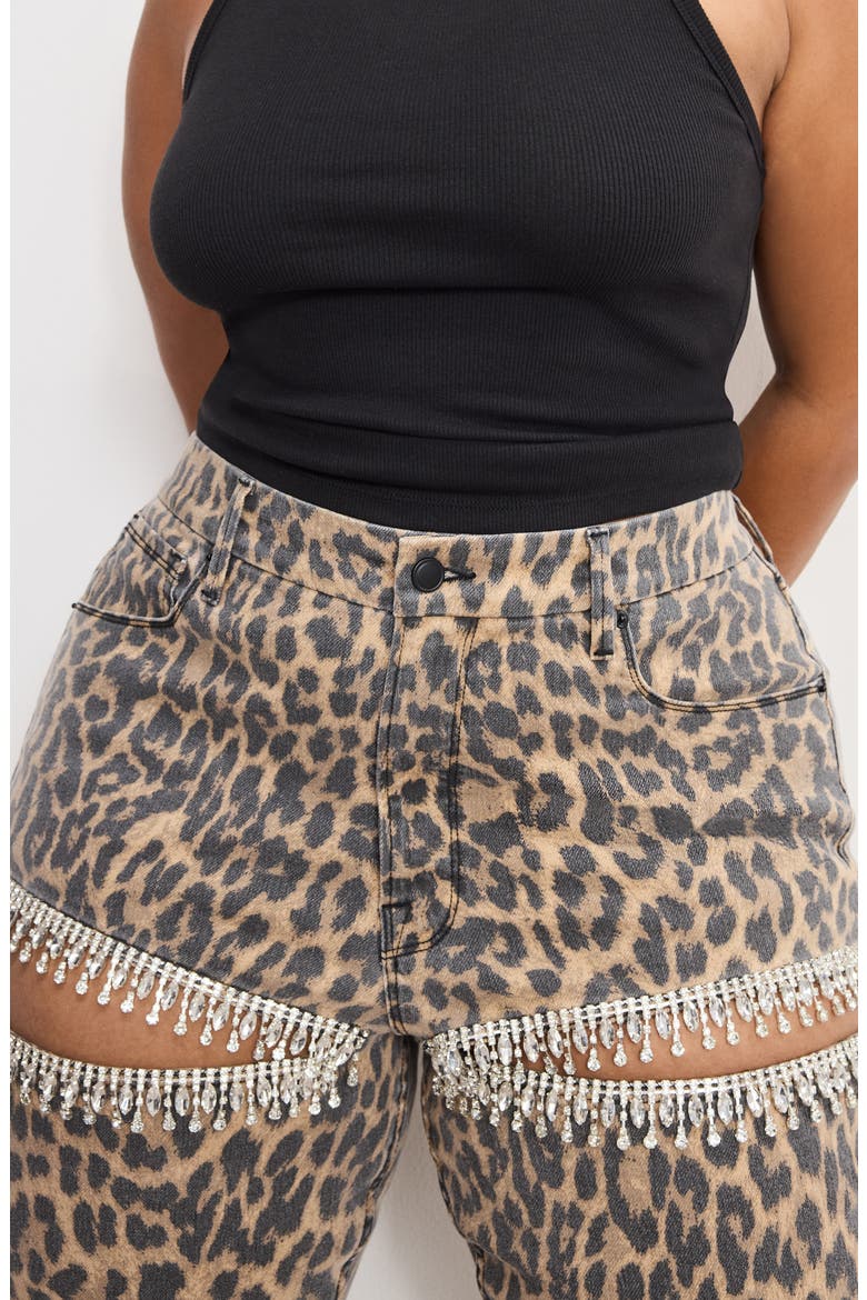 Good Icon Crystal Embellished Cutout Straight Leg Jeans, Alternate, color, LUCKY LEOPARD001