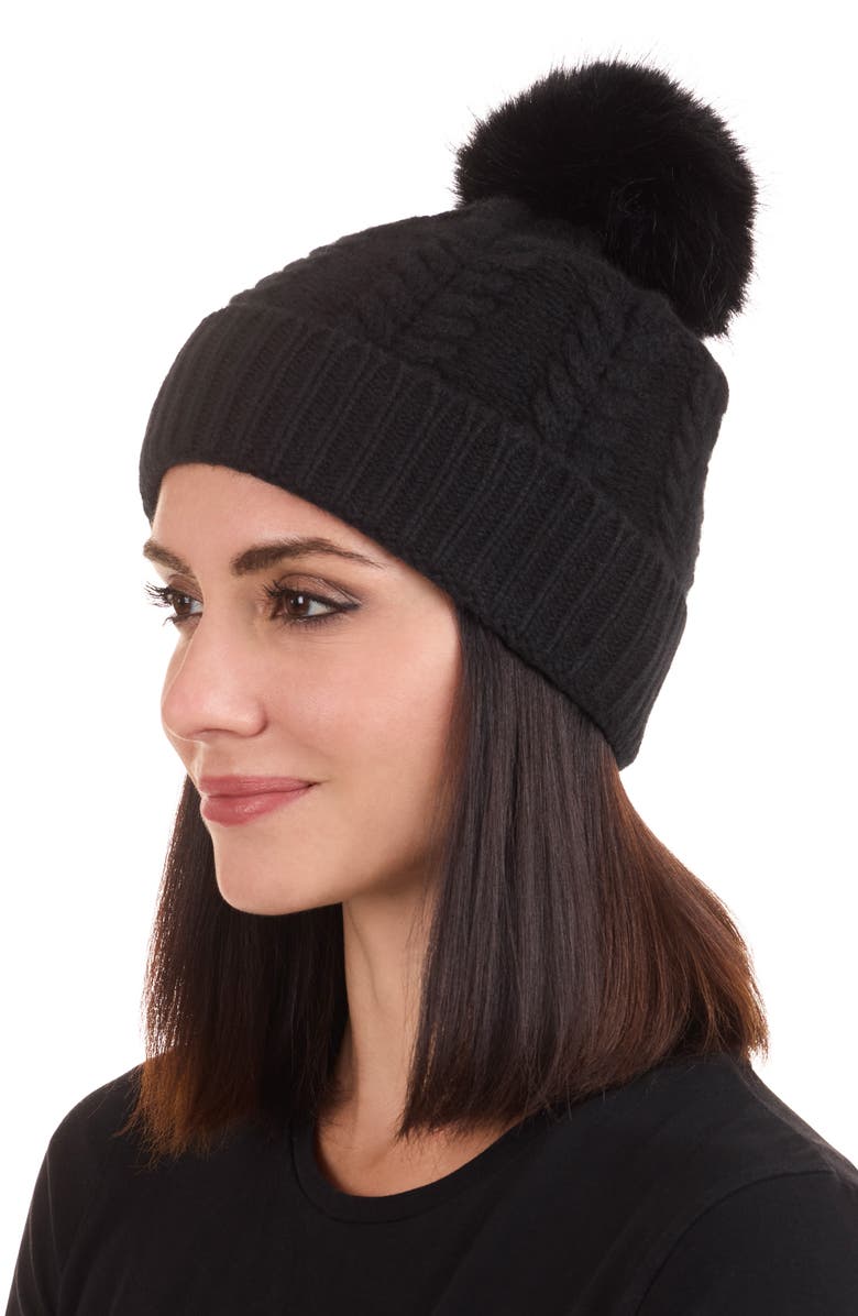 Sofia Cashmere Cashmere Faux Fur Pompom Beanie, Alternate, color, Black