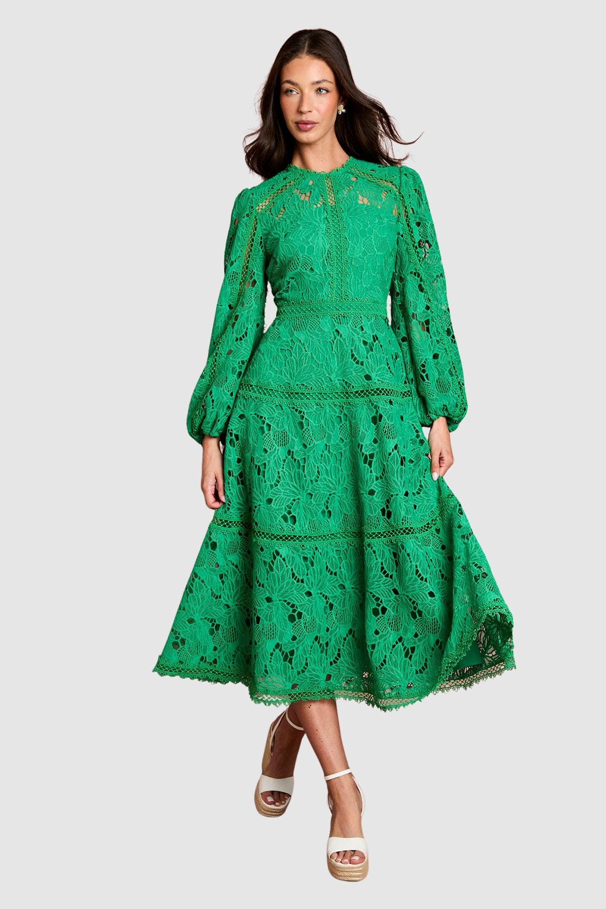 lace panelled open back midi dress Lace Panel Midi Dress With Puff Sleeves And Defined Waist by Modenaire