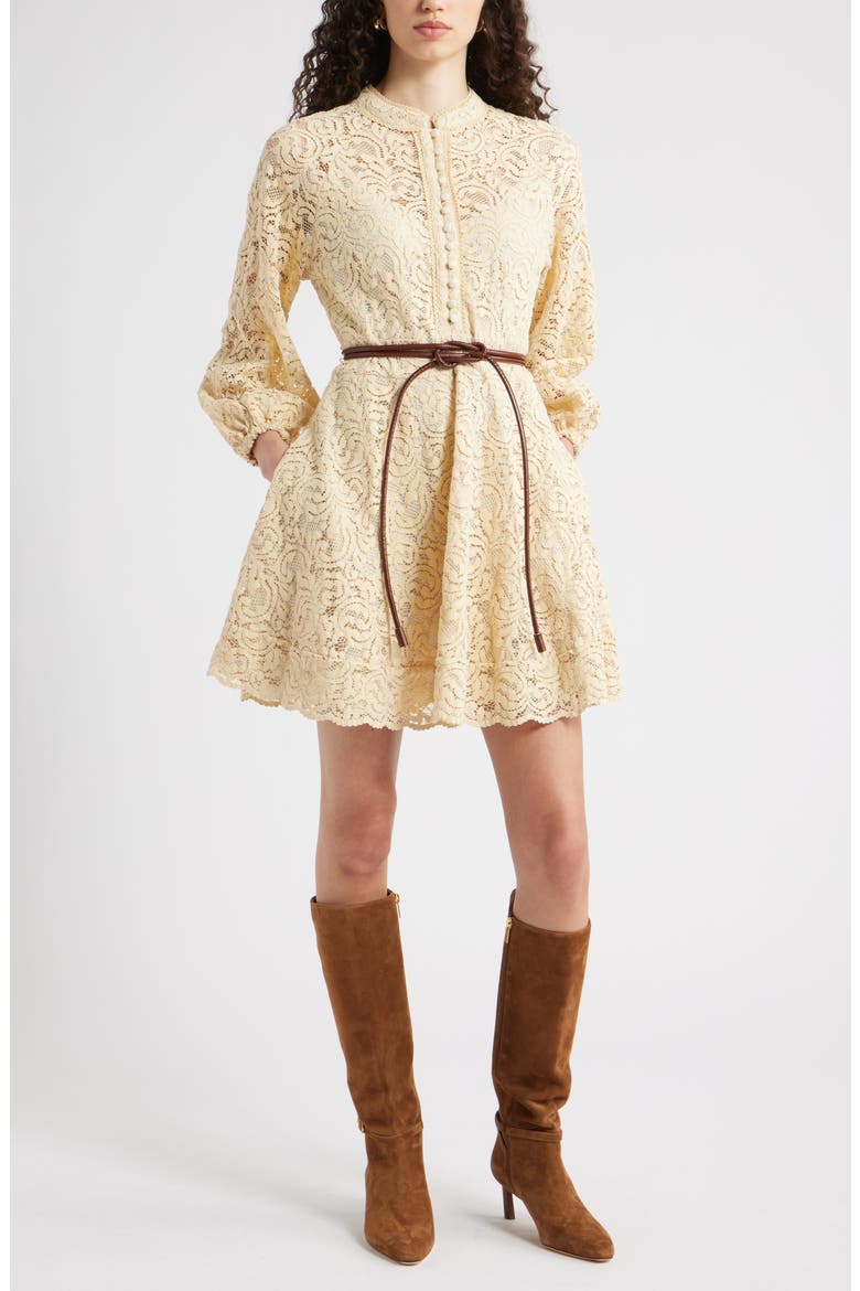 Long Sleeve Belted Lace Minidress, Main, color, TAN BISCOTTI