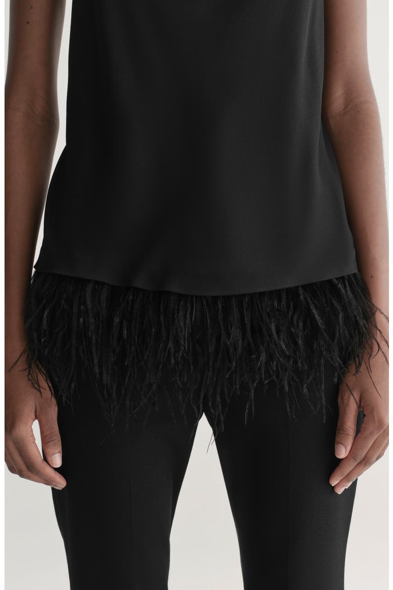 Eliza Feather Trim Satin Camisole, Alternate, color, BLACK