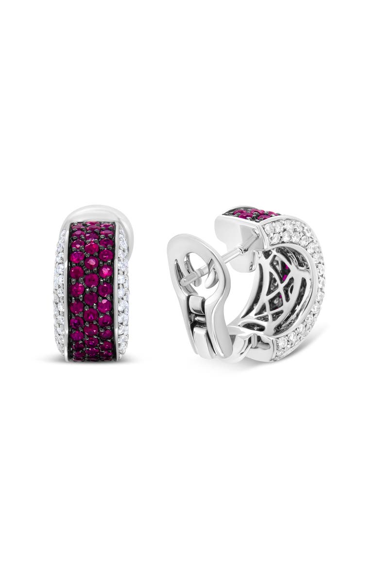 18K Gold & Black Rhodium Plated 3/4 Ctw Diamonds & Red Ruby Huggie Hoop Earrings, Alternate, color, White