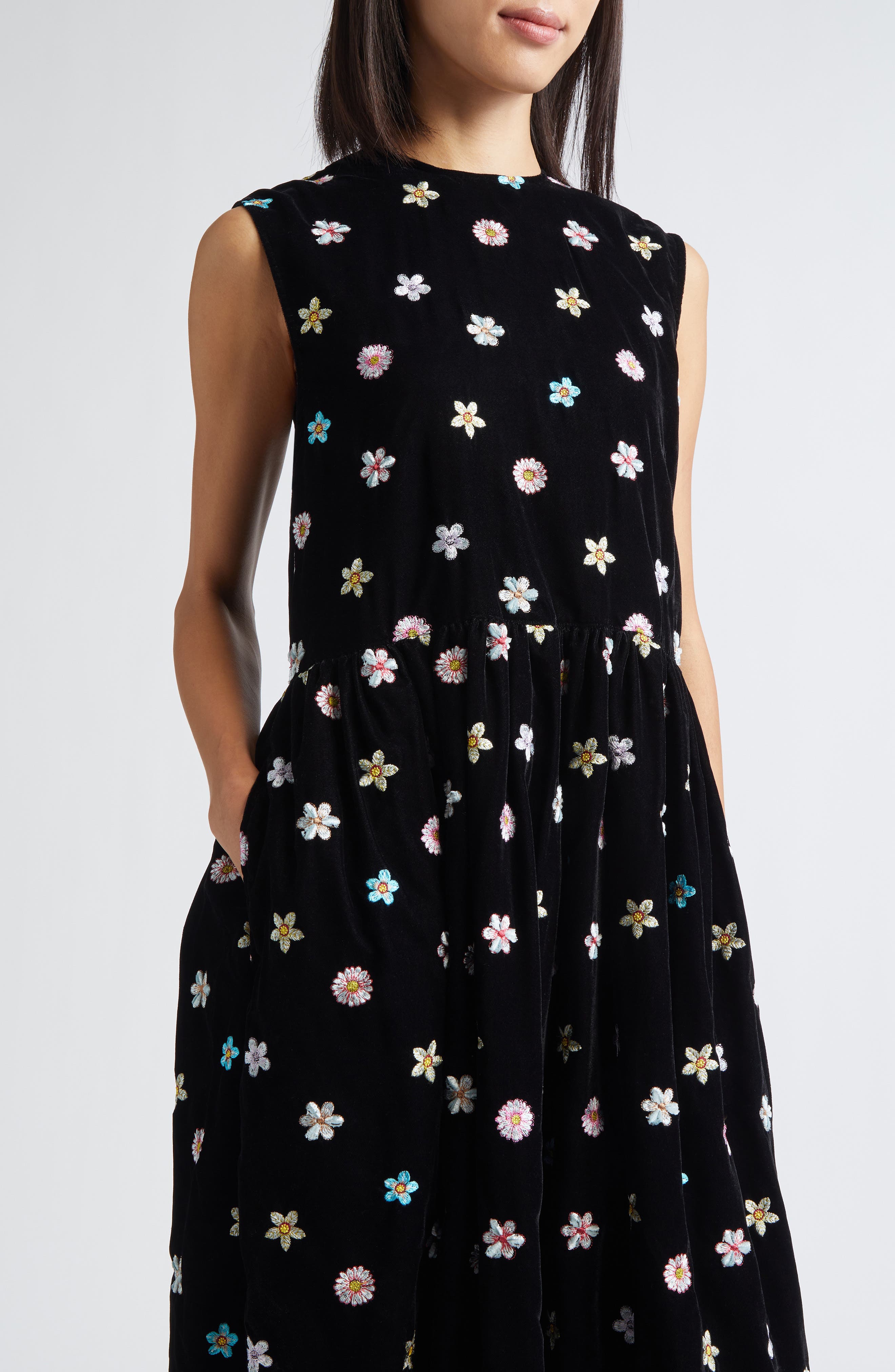 Tao Comme des Garçons Floral Embroidered Velvet A-Line Dress