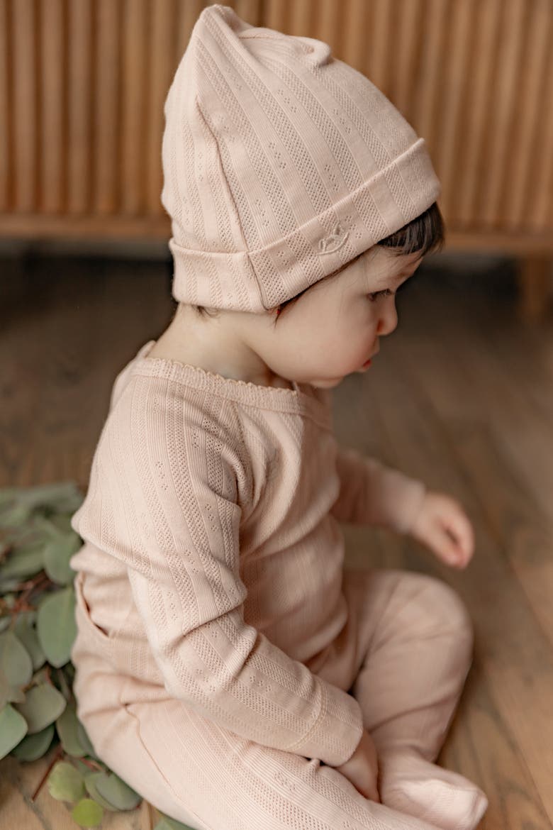 Pointelle Rib Wrap Romper and Matching Hat, Alternate, color, White