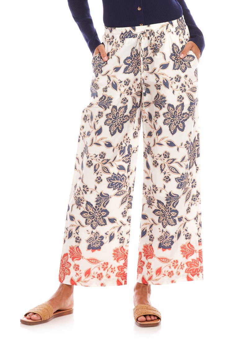 Wide Leg Drawstring Cotton Pants, Main, color, WHITE FLORAL PRINT