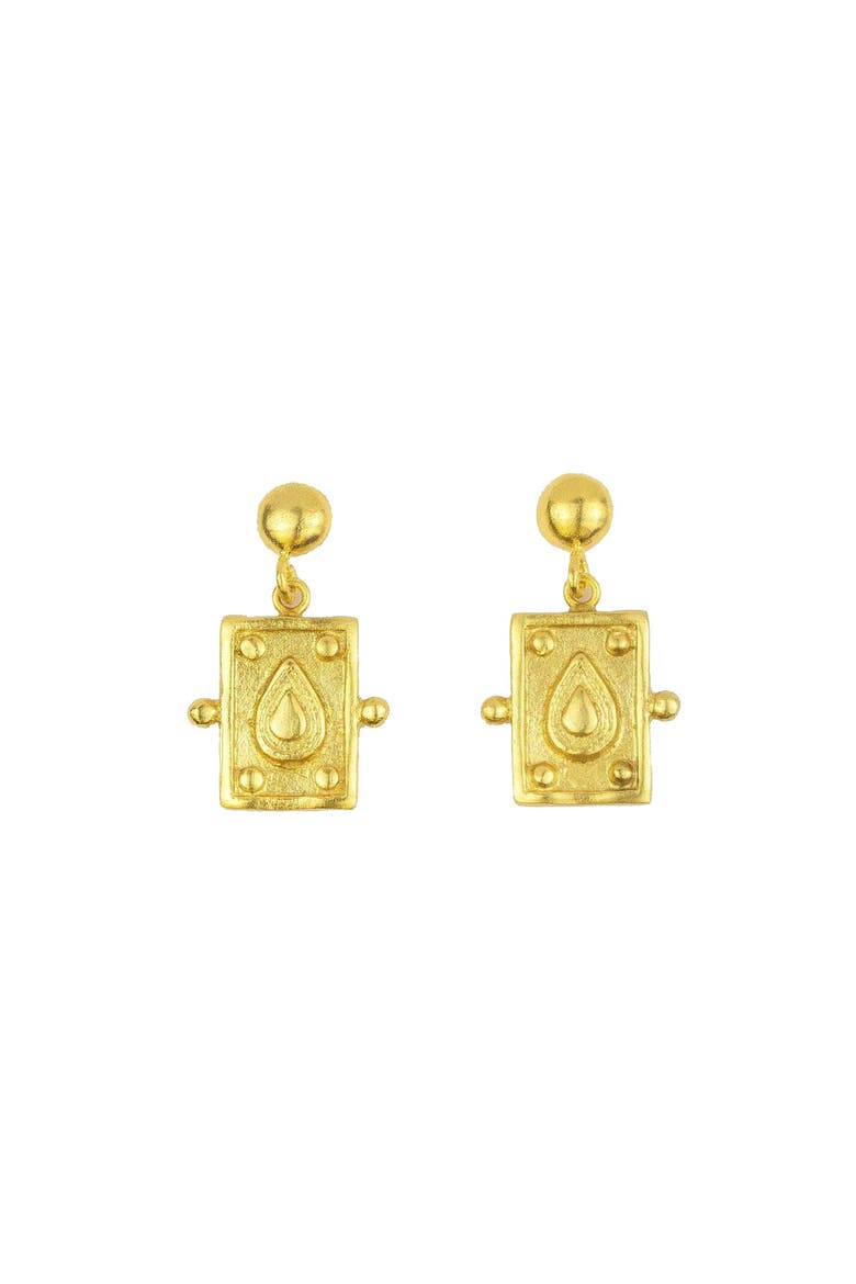 Tyche Engraved Drop Stud Earrings, Main, color, Brass