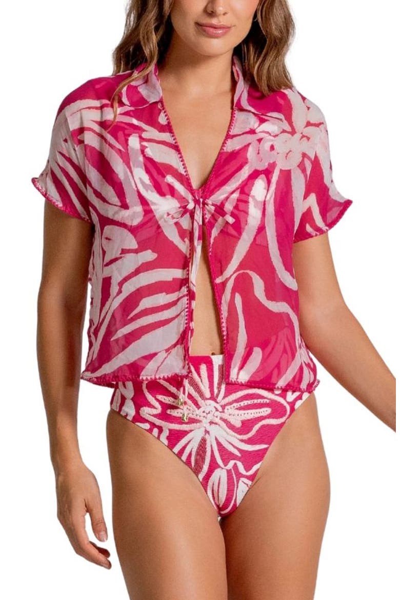 Relaxed Fit Semisheer Crop Cover-Up Shirt, Main, color, RASPBERRY