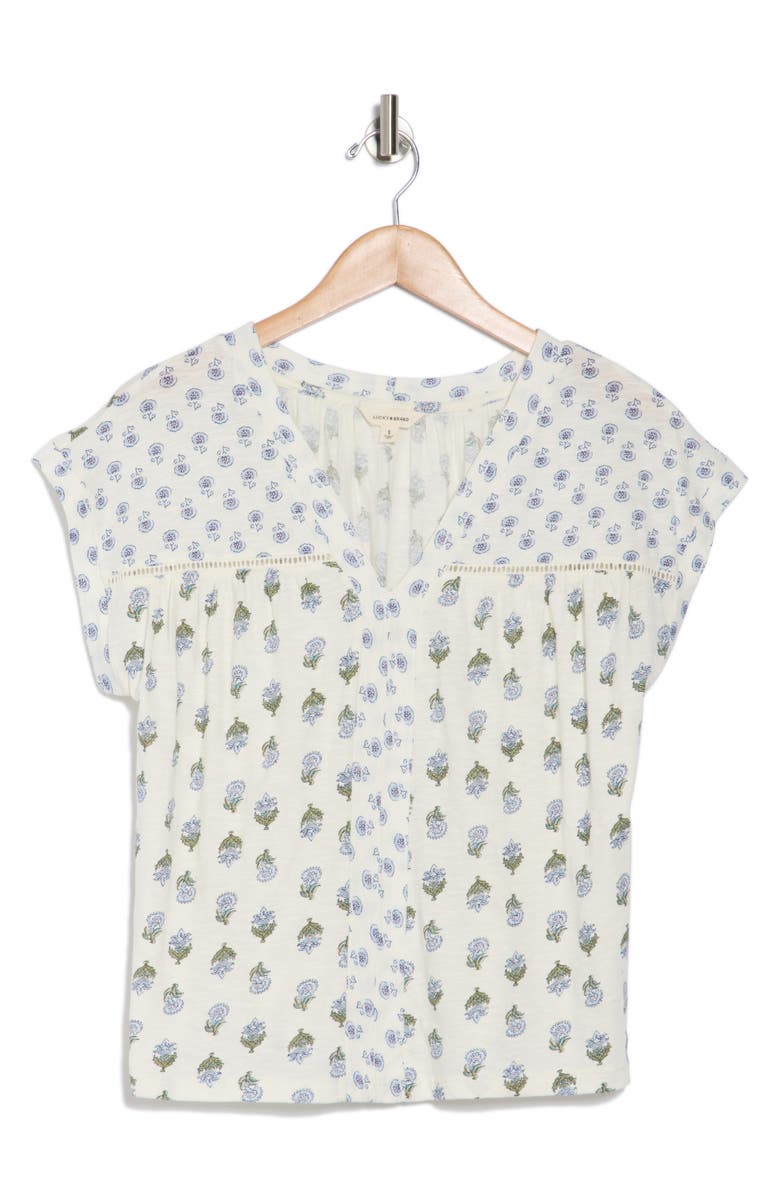 Lucky Brand Mixed Floral Print Split Neck Cotton T-Shirt, Alternate, color, Cream Combo