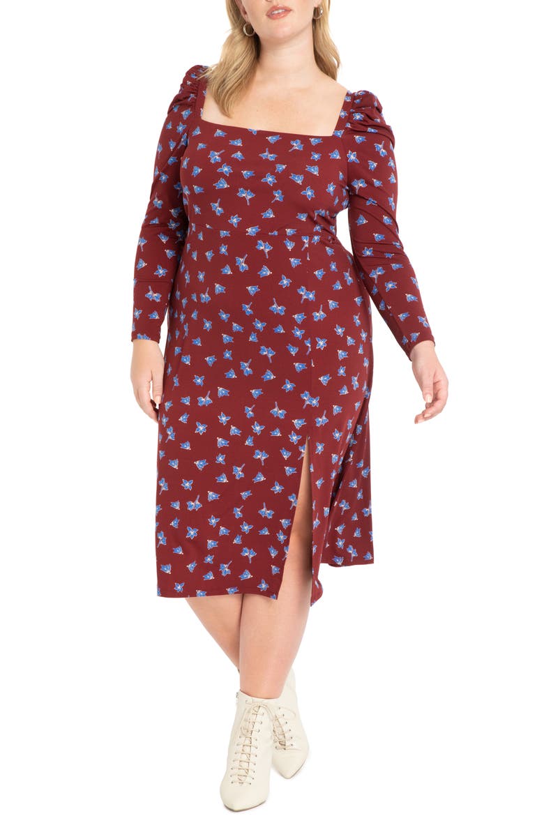 Floral Puff Sleeve Midi Dress, Main, color, POPPIES IN THE BLUE