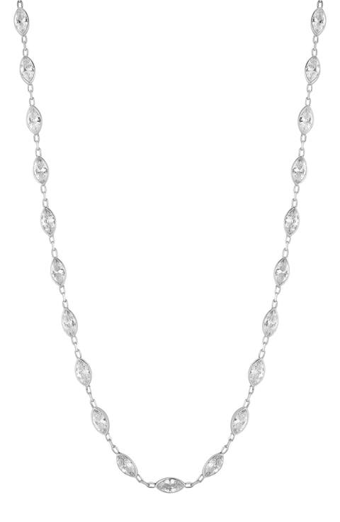 14K Yellow Gold Plated Sterling Silver Marquise CZ Station Choker Necklace
