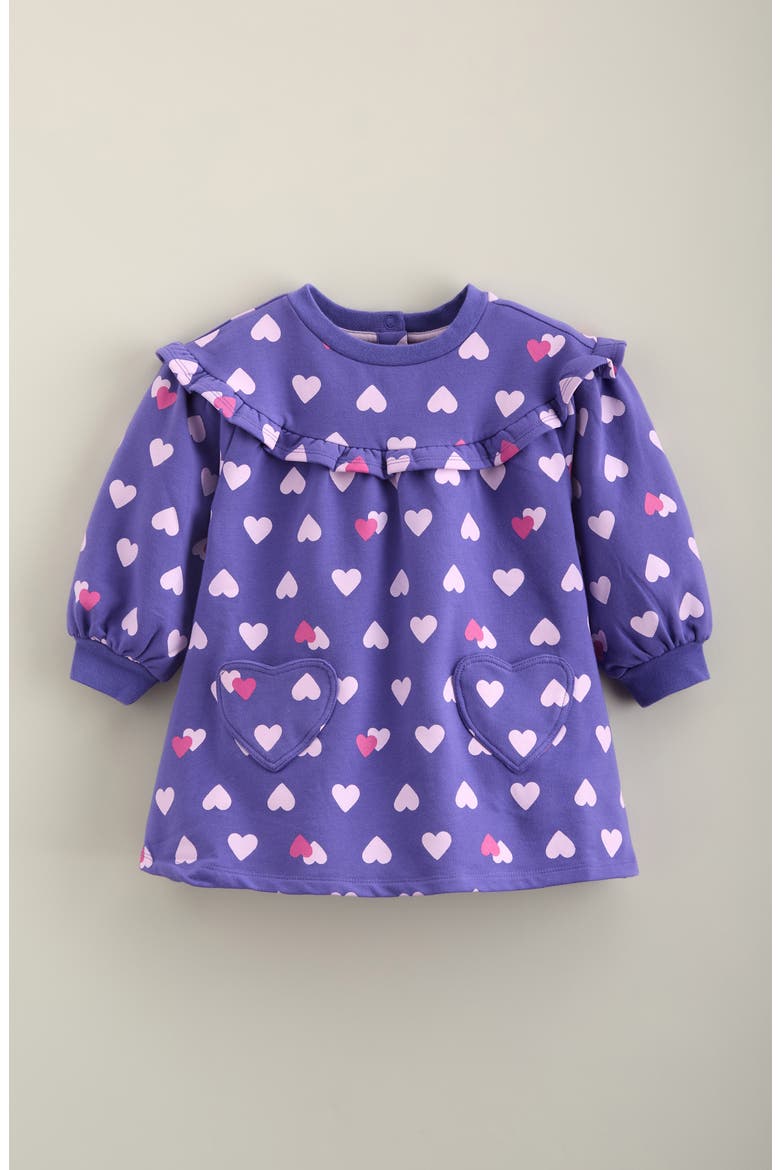 Ruffle Bib Cozy Dress, Main, color, PURPLE OPULENCE HEART STAMP