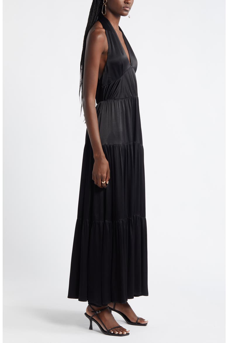 Tiered Satin Halter Maxi Dress, Alternate, color, BLACK