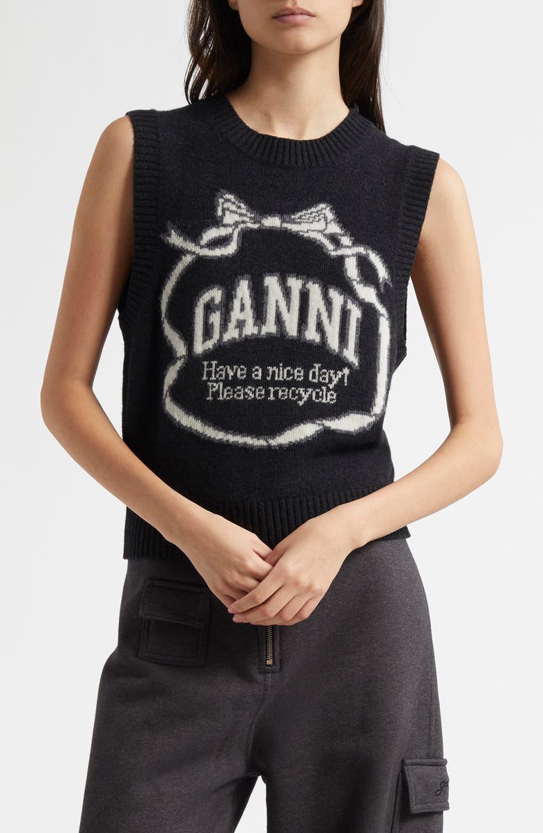 Ganni Logo Graphic Wool Blend Sweater Vest, Main, color, 