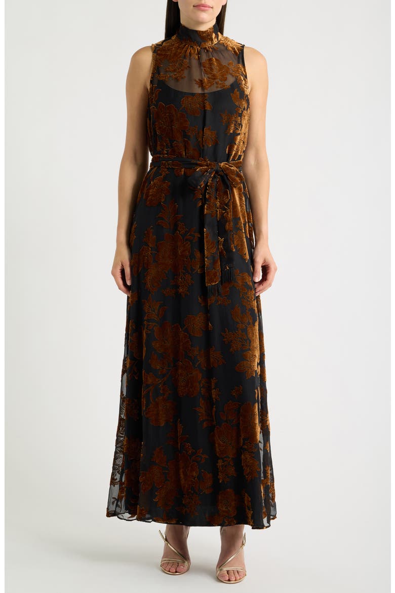 Velvet Burnout Sleeveless Maxi Dress, Main, color, BLACK MULTI