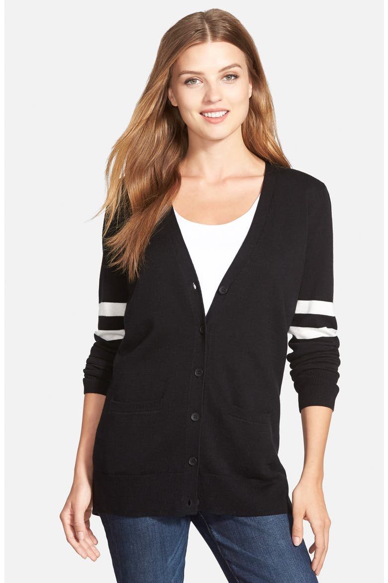 'Collegiate' V-Neck Cardigan, Main, color, BLACK- IVORY STRIPE