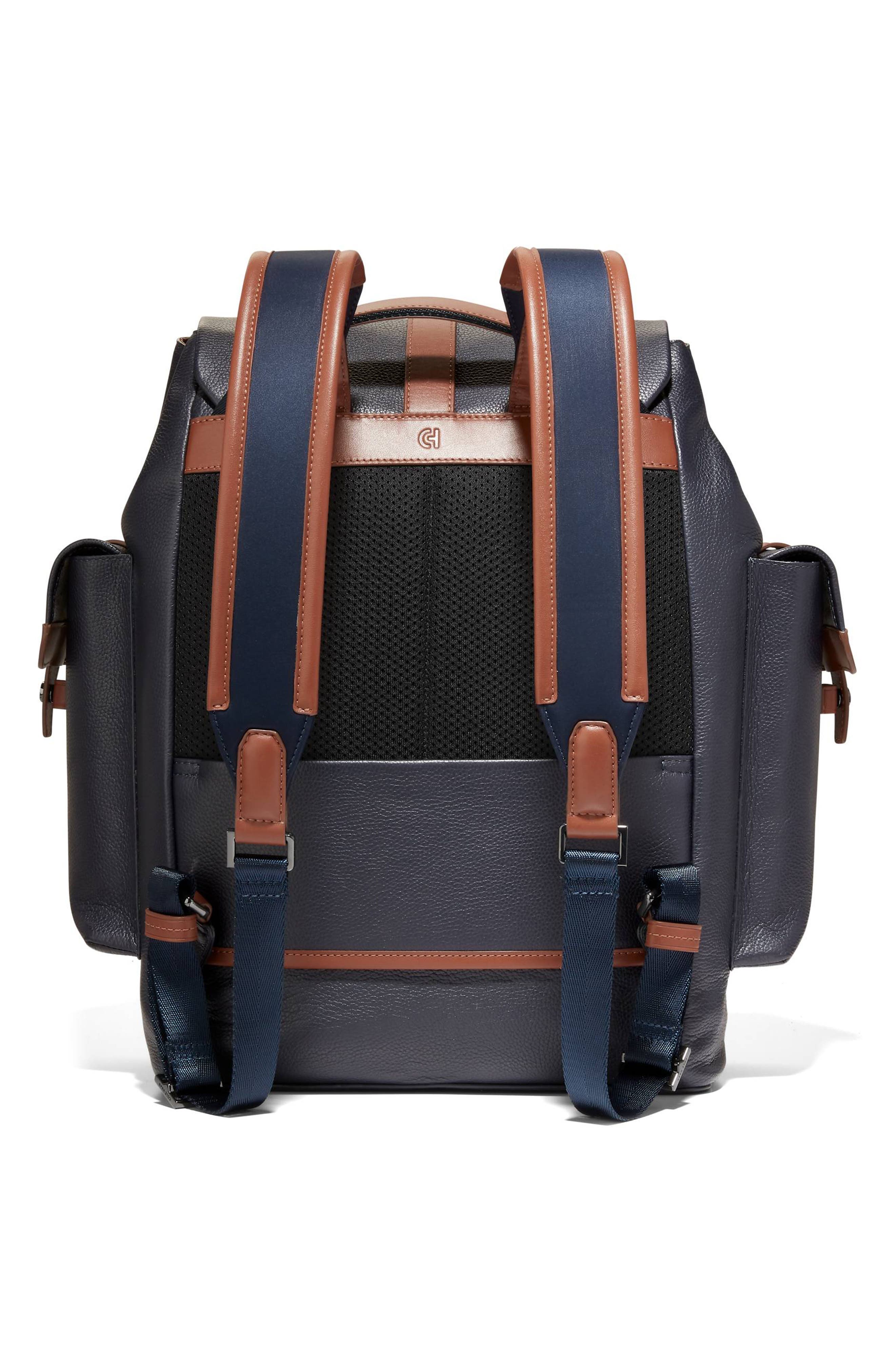 Cole Haan Triboro Leather Backpack, Alternate, color, Navy/ New British Tan