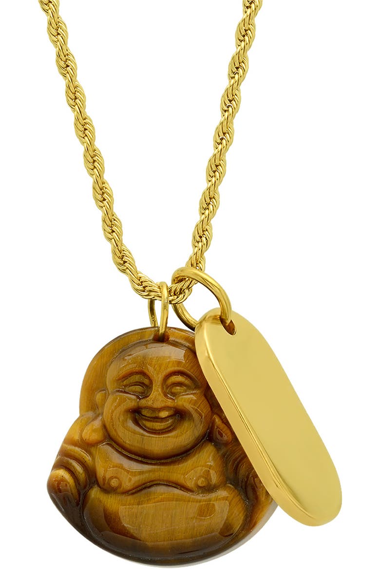 HMY JEWELRY Tiger Eye Buddah & Dog Tag Pendant Necklace, Main, color, Yellow