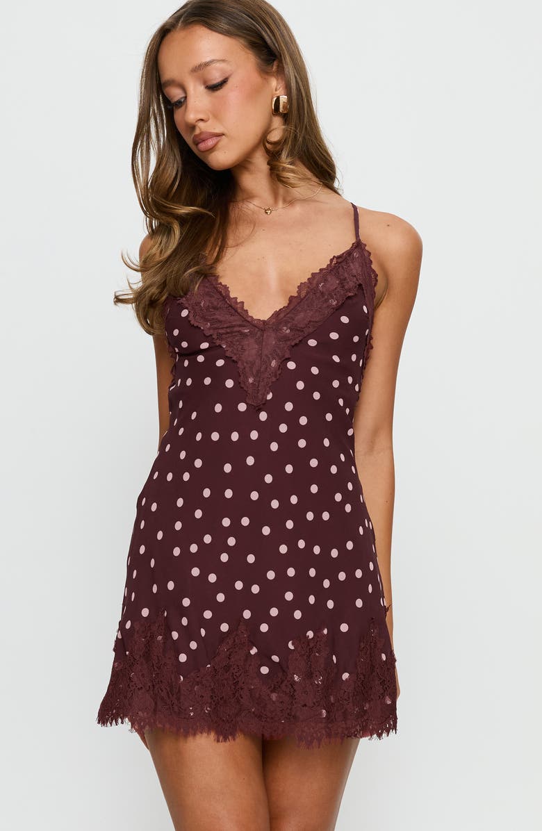 Princess Polly Call My Lover Polka Dot Mini Slipdress, Alternate, color, Brown Polka