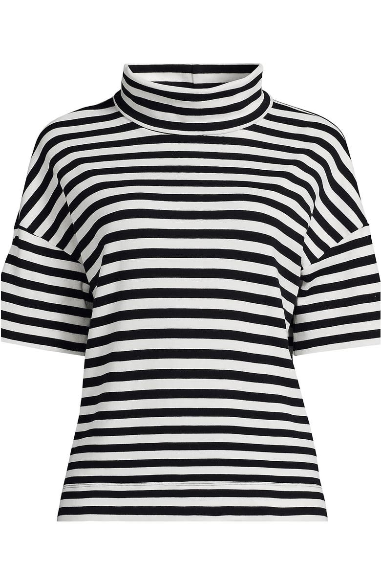 Lands' End Elbow Sleeve Supima Cotton Relaxed Turtleneck, Alternate, color, Black Even Stripe