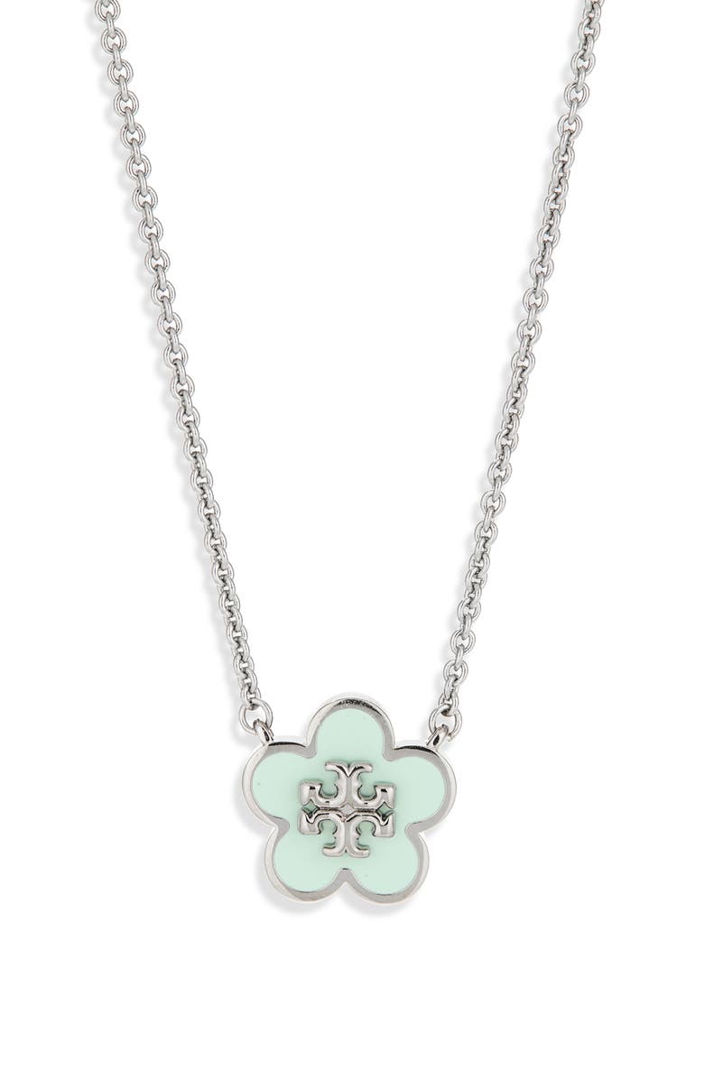 Tory Burch Forget Me Not Enamel Pendant Necklace, Main, color, Tory Silver / Light Green