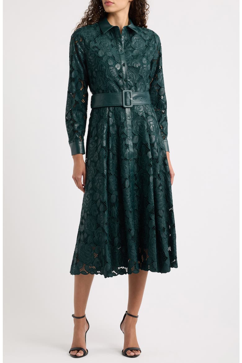 Kennedy Faux Leather Trim Lace Shirtdress, Main, color, ENCHANTED EVERGREEN