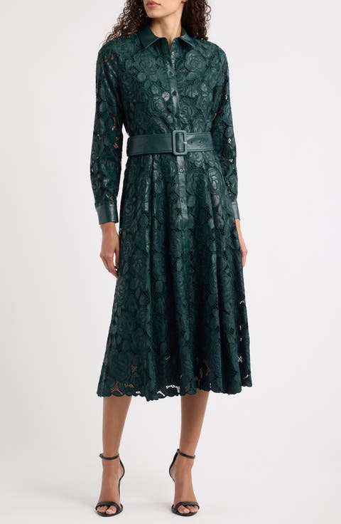 Kennedy Faux Leather Trim Lace Shirtdress