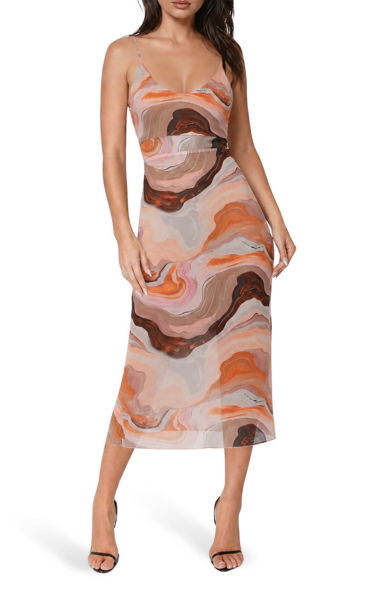 bebe Printed Mesh V-Neck Illusion Midi Dress, Main, color, Blue Tan
