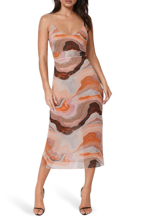 Printed Mesh V-Neck Illusion Midi Dress