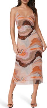bebe Printed Mesh V-Neck Illusion Midi Dress