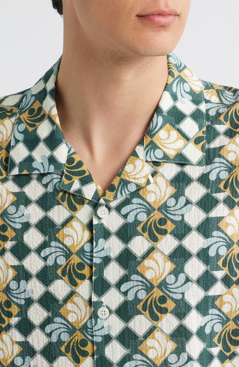 Wax London Didicot Geo Print Cotton Seersucker Camp Shirt, Alternate, color, Green / Blue