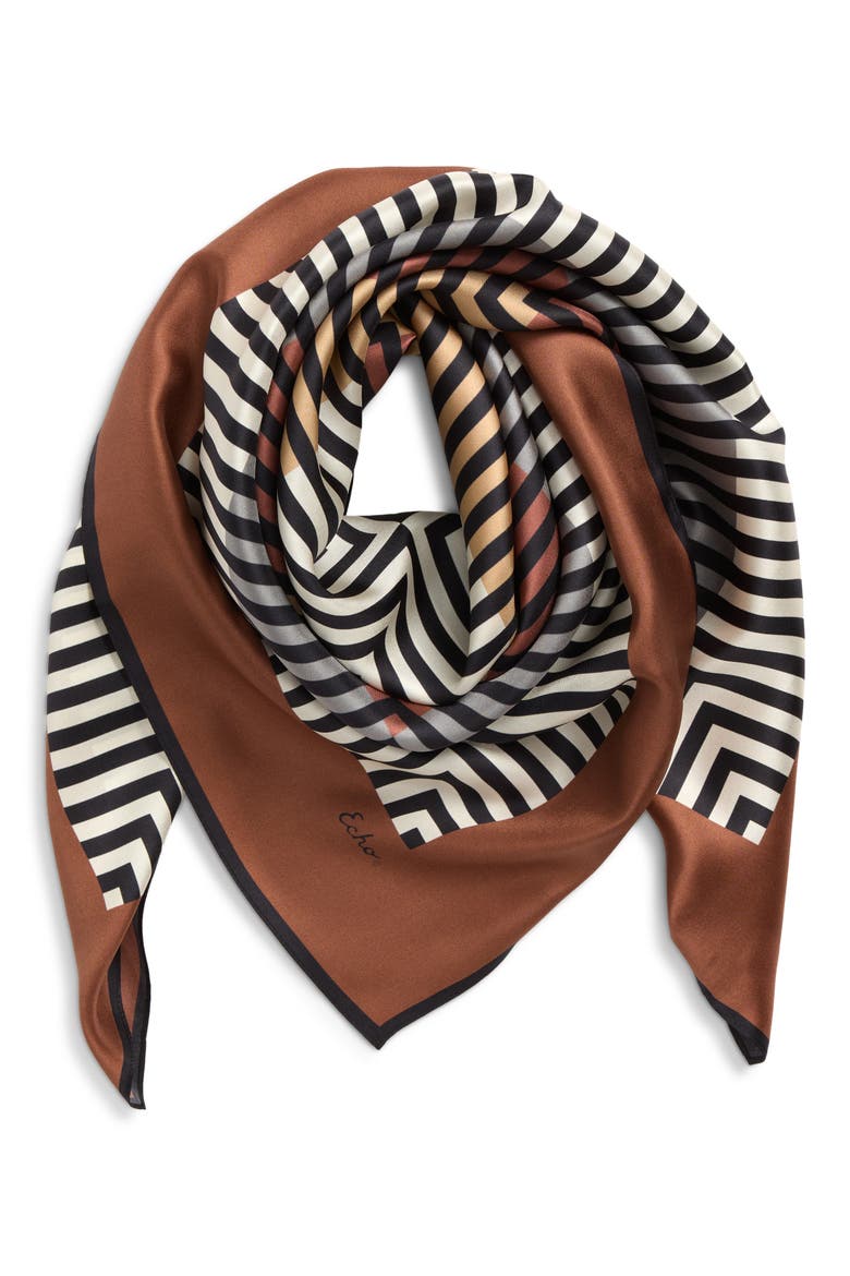Concentric Stripes Square Silk Scarf, Main, color, BROWN