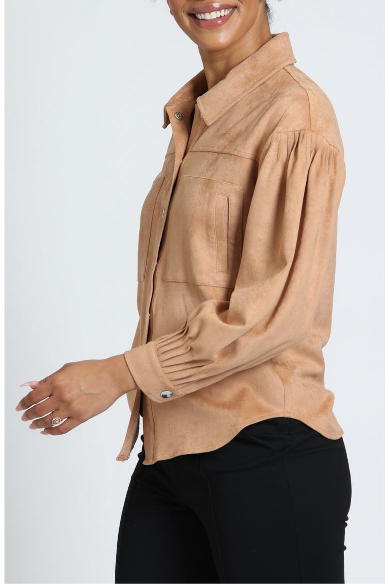 Pleated Sleeve Faux Suede Shirt Jacket, Alternate, color, CARAMEL