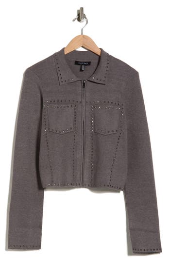 Ellen Tracy Studded Zip Cardigan In Gray