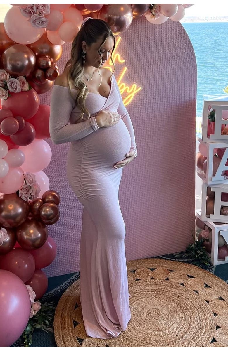 PinkBlush Off Shoulder Long Sleeve Wrap Maternity Photoshoot Gown/Dress, Alternate, color, Light Pink