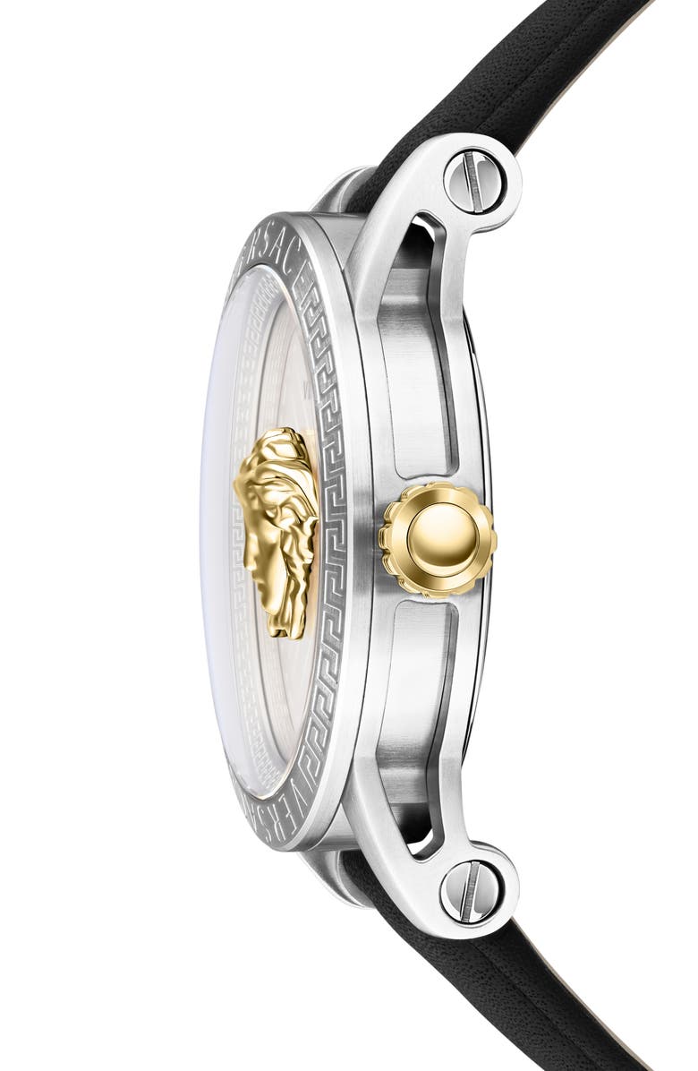 Versace V-Code Leather Strap Watch, 43mm, Alternate, color, Stainless Steel