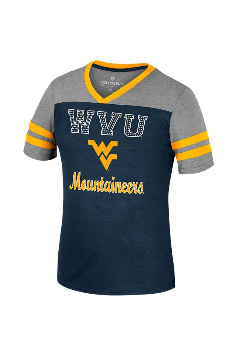 Girls Youth Colosseum Navy/Heather Gray West Virginia Mountaineers Summer Striped V-Neck T-Shirt, Alternate, color, Navy