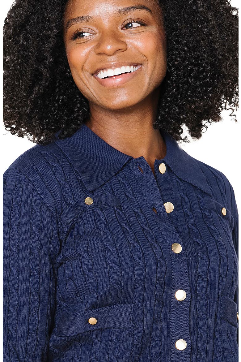 Organic Cable Knit Collared Cardigan Sweater, Alternate, color, Navy Cable