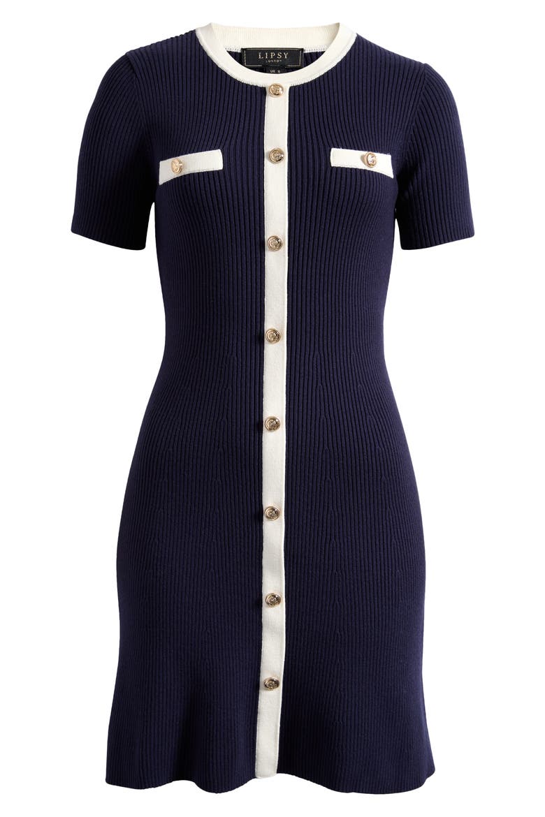 Button Detail Rib Sweater Minidress, Alternate, color, BLUE