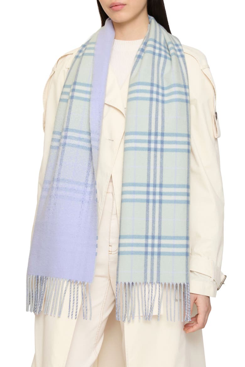 Gradient Check Jacquard Double Face Cashmere Fringe Scarf, Main, color, SEAFOAM GREEN
