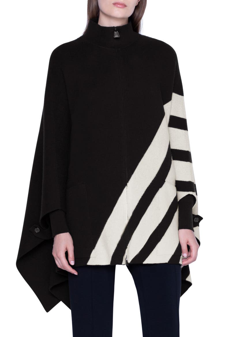 Intarsia Stripe Reversible Cashmere Cape, Main, color, BLACK JASMINE