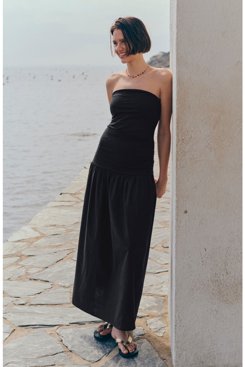Ruched Strapless Cotton Dress, Alternate, color, BLACK