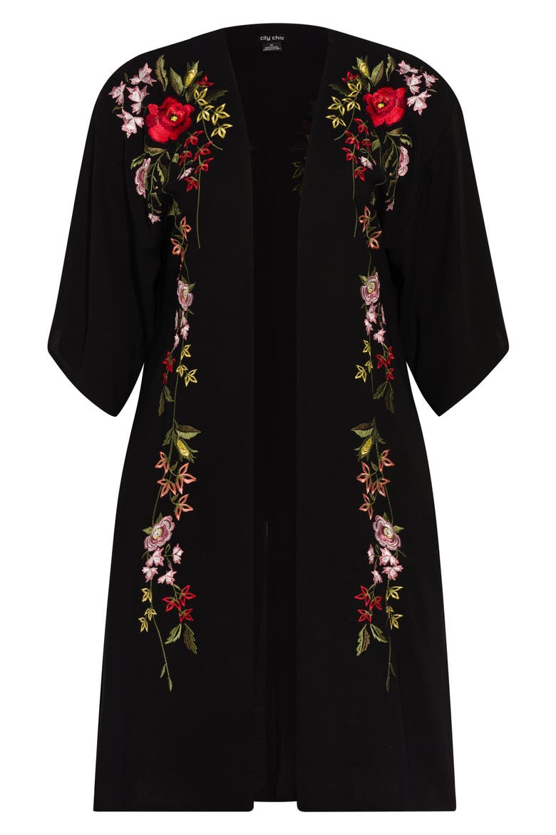 Winter Zen Floral Embroidery Open Long Jacket, Alternate, color, BLACK