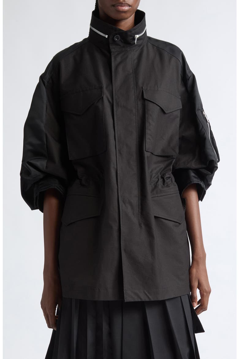 Mixed Media Short Sleeve Jacket, Main, color, BLACK
