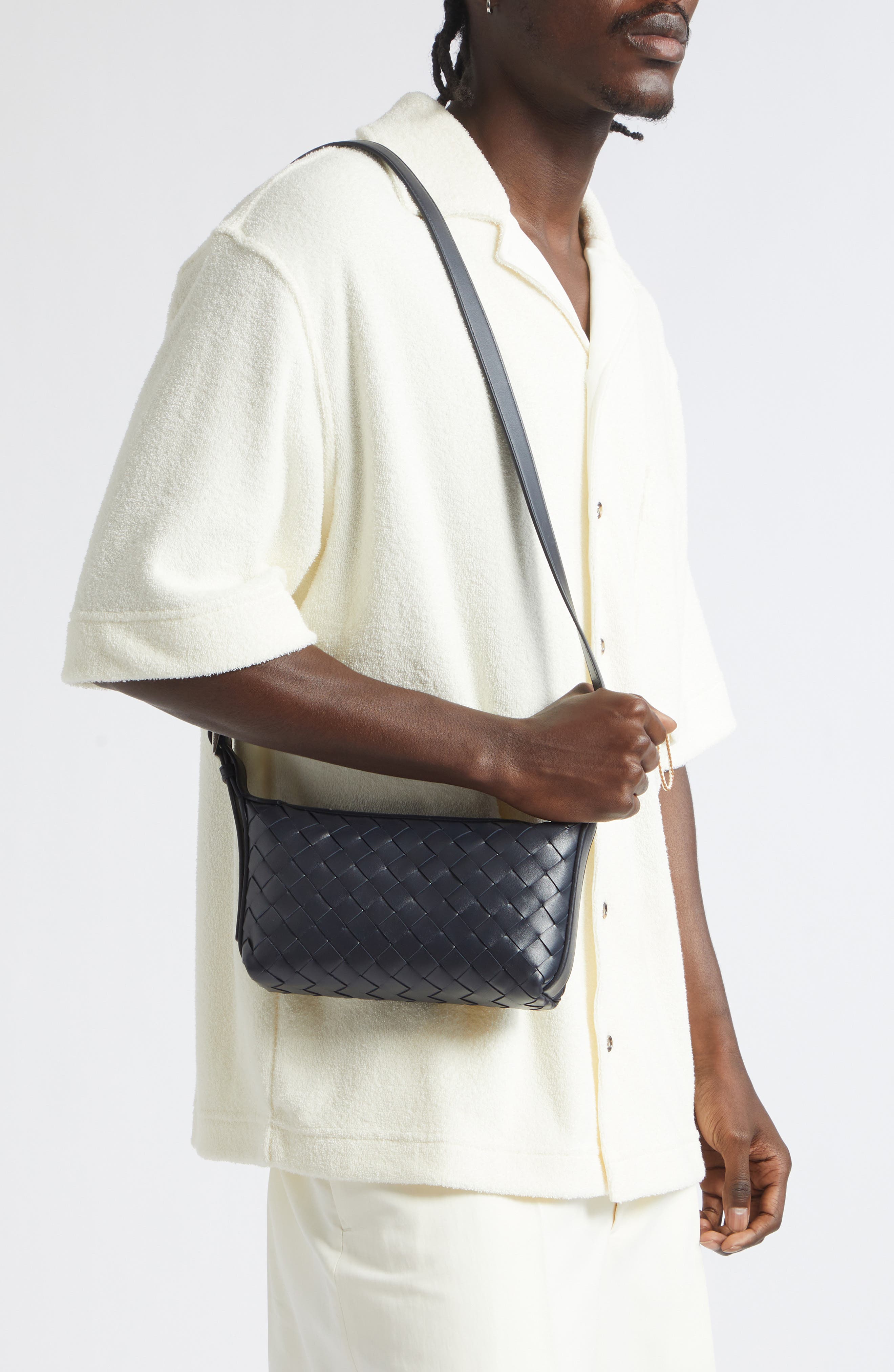 Traveler Intrecciato Leather Crossbody Bag, Alternate, color, 4330 MIDNIGHT-SILVER