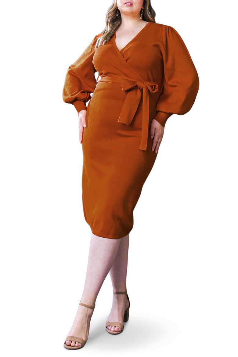 Long Sleeve Midi Sweater Dress, Main, color, RUST