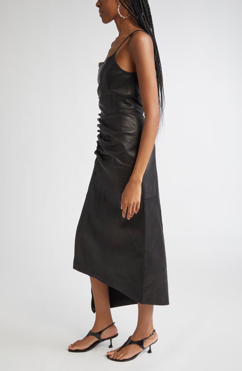 Rabanne Draped Lambskin Leather Midi Dress, Alternate, color, Black