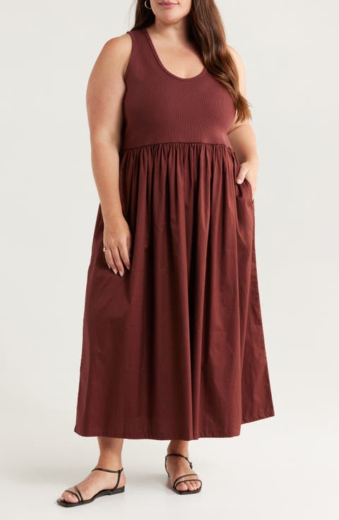 Mixed Media Stretch Cotton Tank Maxi Dress (Plus)