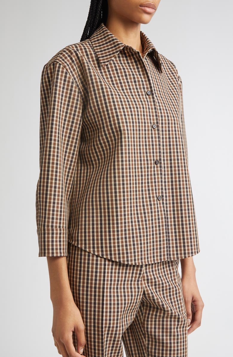 Jil Sander Classic Check Three-Quarter Sleeve Crop Button-Up Shirt, Alternate, color, Hazelnut Mouline