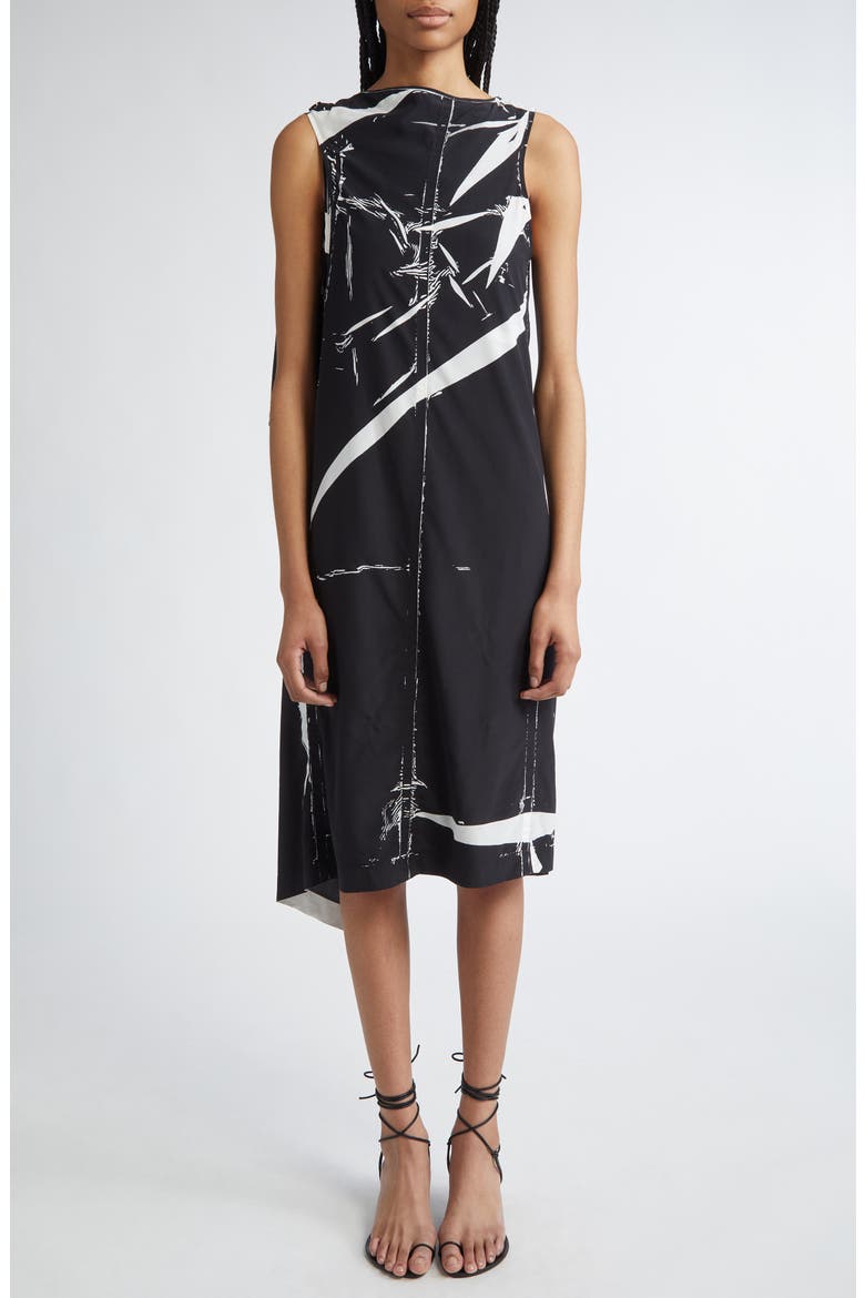 Ondine Garment Print Draped Dress, Main, color, BLACK