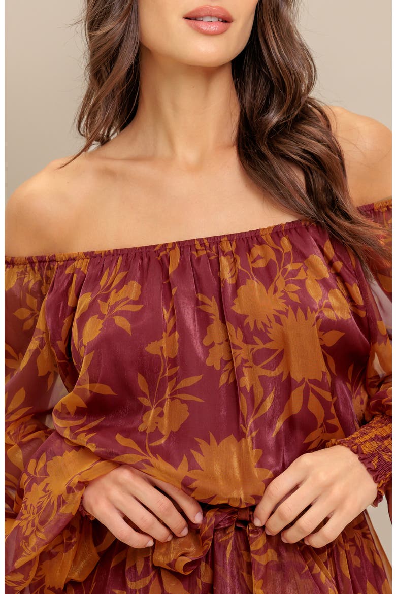 Floral Off the Shoulder Long Sleeve Minidress, Alternate, color, MAROON
